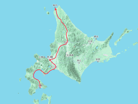 北海道 広大 函館 稚内 東京 岡山 距離 比較 地図