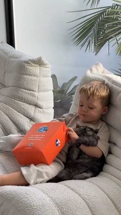 ポップコーンを食べている男の子に抱えられた猫