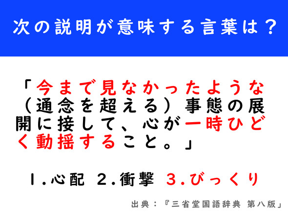 「今まで見なかったような（通念を超える）事態の展開に接して、心が一時ひどく動揺すること。」が指す言葉は「びっくり」