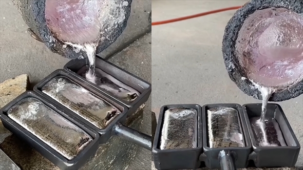 空き缶を溶解してアルミニウムの延べ棒を作る動画