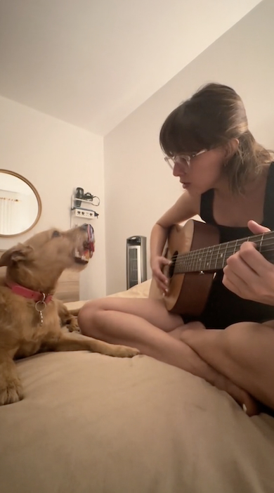 愛犬へ歌を捧げる女性