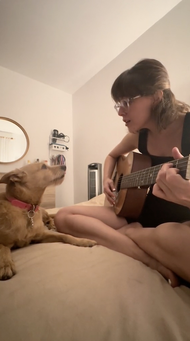 愛犬へ歌を捧げる女性