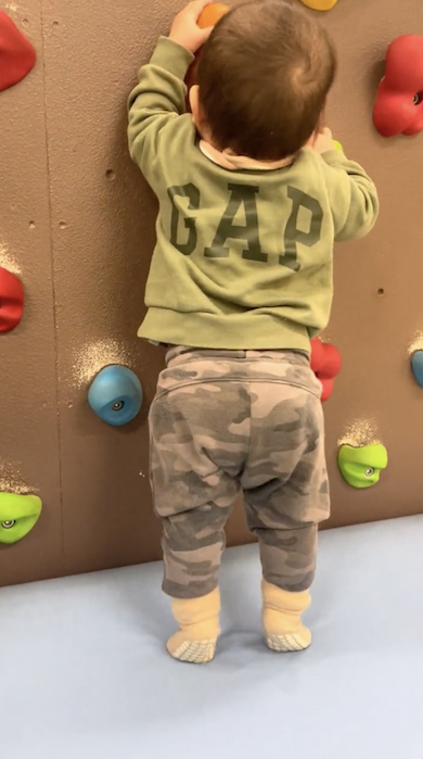 壁を登ろうとする1歳児