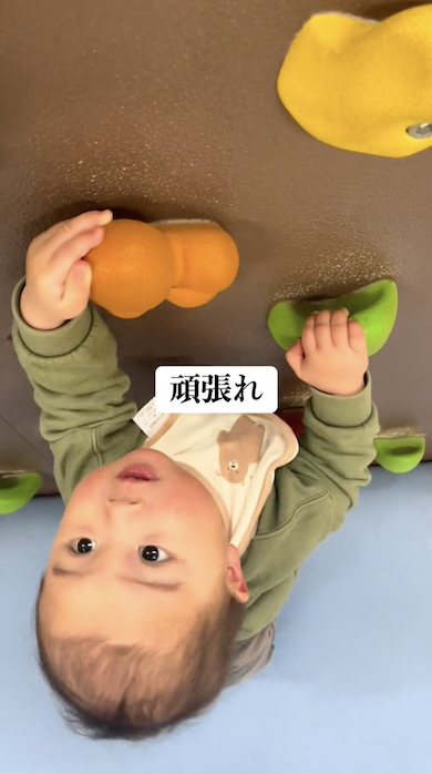 壁を登ろうとする1歳児