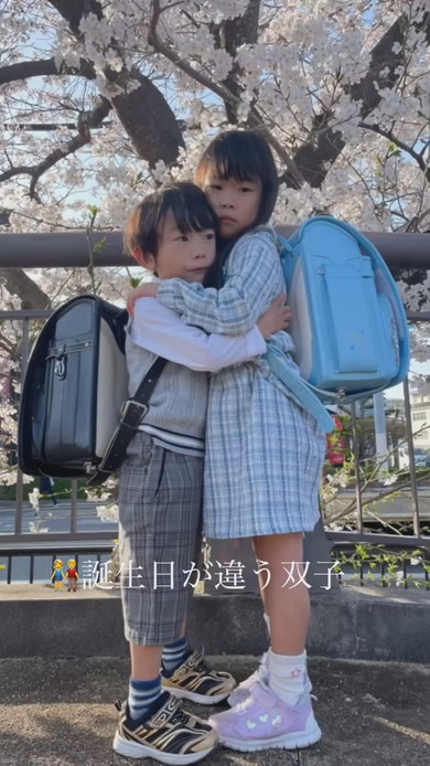 誕生日の違う双子が小学校へ入学した様子