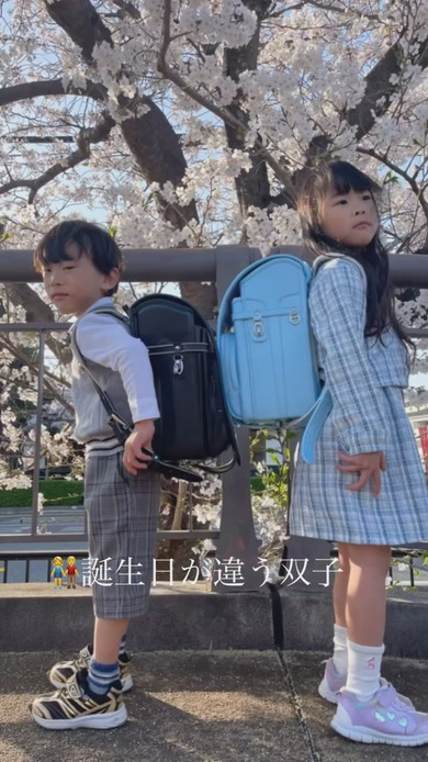 誕生日の違う双子が小学校へ入学した様子