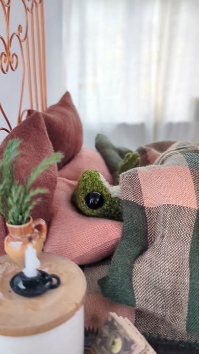 編み物で作られたカエルが起床して春の日の光を浴びるアニメーション