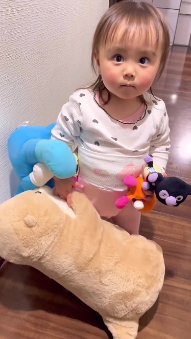 たくさんのぬいぐるみを連れて眠ろうとする娘