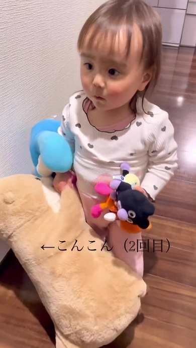 たくさんのぬいぐるみを連れて眠ろうとする娘