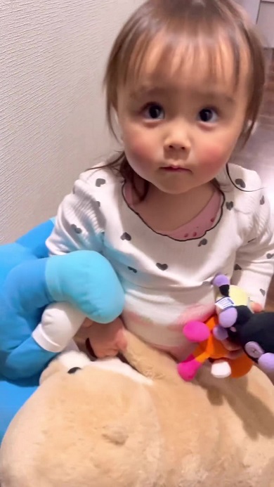 たくさんのぬいぐるみを連れて眠ろうとする娘