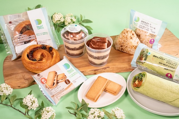 植物性由来の原材料を使い、おいしさにもこだわった、ティラミス、ソイデニッシュ、レーズンクリームサンド、おむすび、サラダラップ