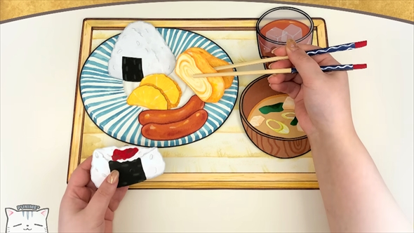 実写とイラストを組み合わせた理想の朝ごはんを作るアニメ