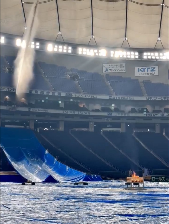 東京ドーム 空気圧式放水銃 キャノン 火災 放水 消火 検知 防災システム