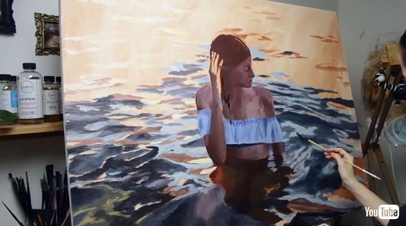 海に浸かるリアルな油絵