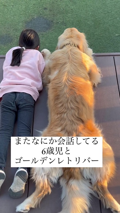 横並びで何かを話している6歳の女の子とワンコ