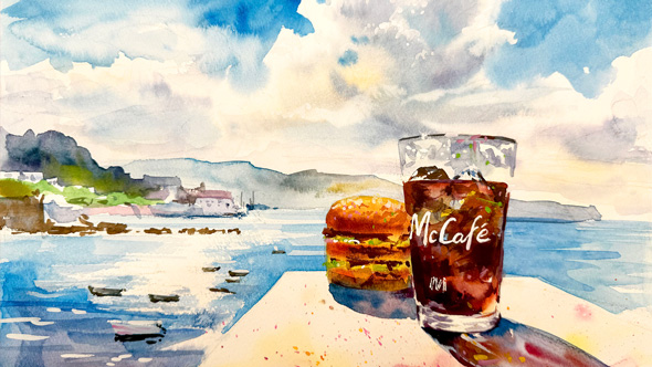 おじいちゃん先生 柴崎春通 マクドナルド マック アイスコーヒー 水彩画 夏の風景