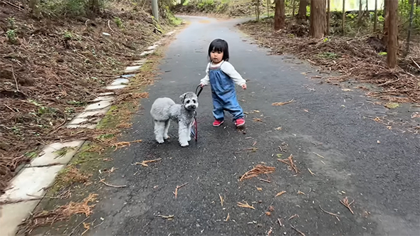 こちらを見ると女の子とワンコ