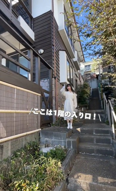 階段の途中に1階に入る玄関が