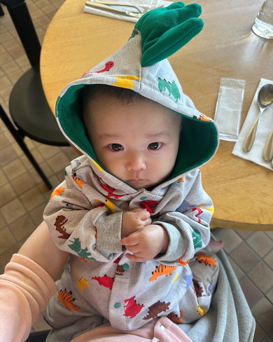 恐竜デザインの服を着る赤ちゃん