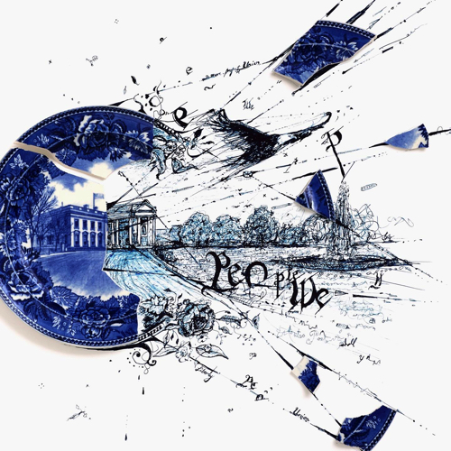 絵皿の破片に絵を描き足したアート