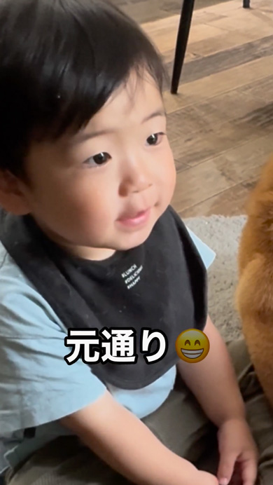 ご機嫌ななめな息子に寄り添う柴犬