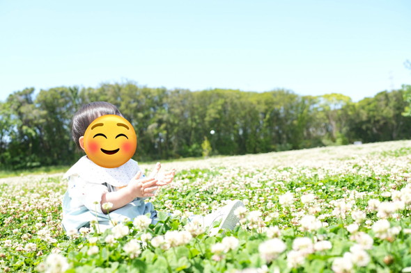 花畑にいる1歳の男の子
