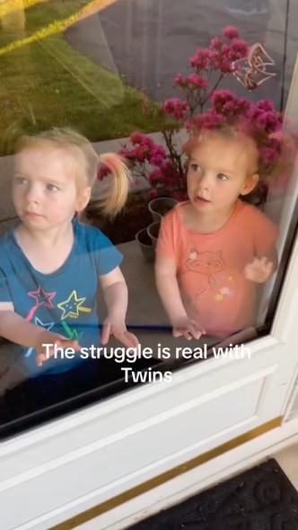 ドアの外を見つめる双子