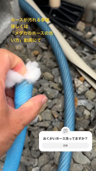 詰めた綿を水で押し流しホースの中を洗浄する様子