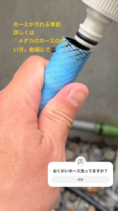 詰めた綿を水で押し流しホースの中を洗浄する様子