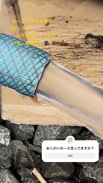 詰めた綿を水で押し流しホースの中を洗浄する様子