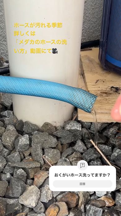 詰めた綿を水で押し流しホースの中を洗浄する様子