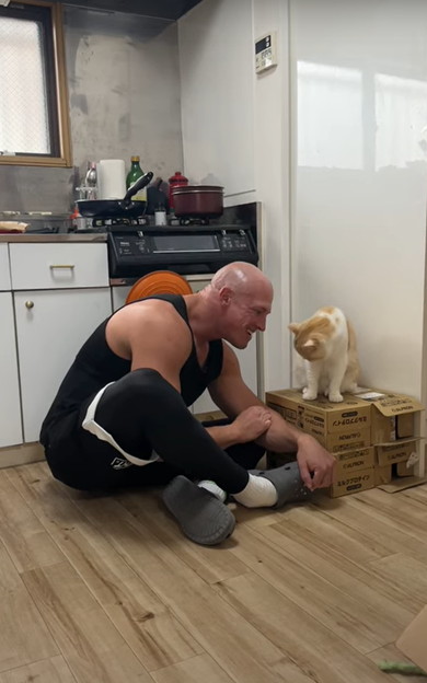 芋を取りあう飼い主と猫