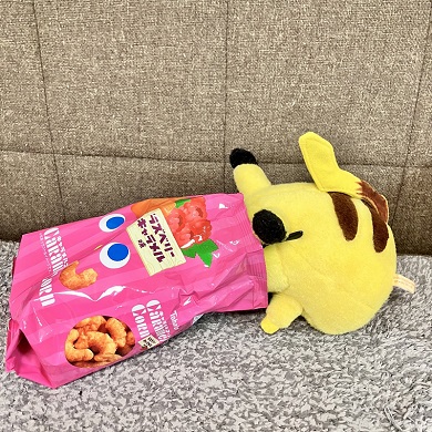 眼鏡をかけたピカチュウがお菓子の袋をあさっている写真