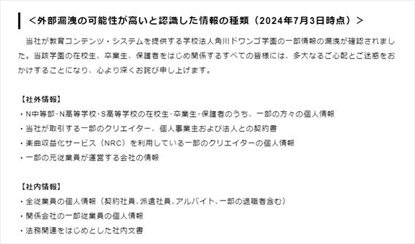 漏えいの可能性が高い情報