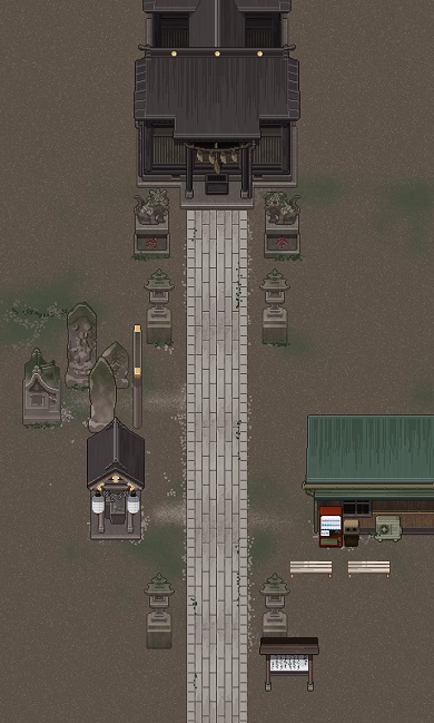 ゲーム制作のためドットで描かれた神社のマップから葉っぱと木陰を除いた画像