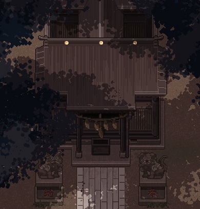 ドットで描かれた社殿とこま犬像