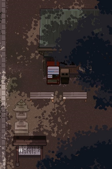 ドットで描かれた自動販売機とベンチ、制札