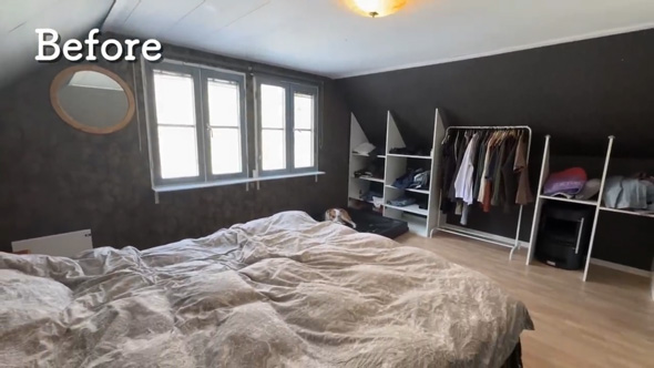 スウェーデン 築45年 ベッドルーム ワードローブ 北欧 改造 DIY 夫婦 リノベーション