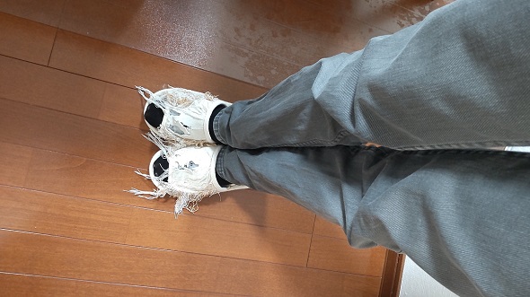 糸が飛び出ているスリッパを履く飼い主