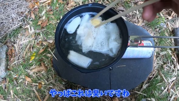 ゆでていると残った臭いが立ち込めてくるキヌガサタケ