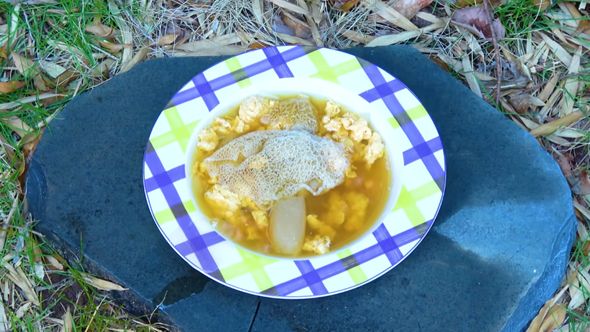 完成したキヌガサタケ入り中華スープ