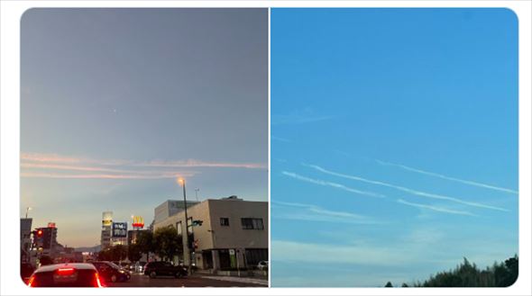 「地震雲」として拡散されていた画像。実際は飛行機雲