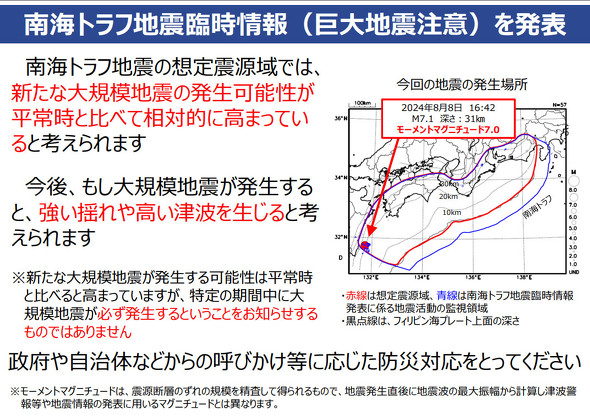 南海トラフ地震臨時情報（巨大地震注意）で発表された想定震源域