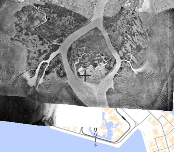 1945〜1950年の舞浜の写真と現在の地図を重ねたもの