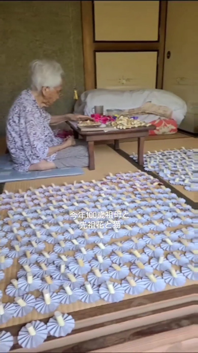100歳 おばあちゃん 手仕事 見守る 猫 先祖花 祖母 白寿