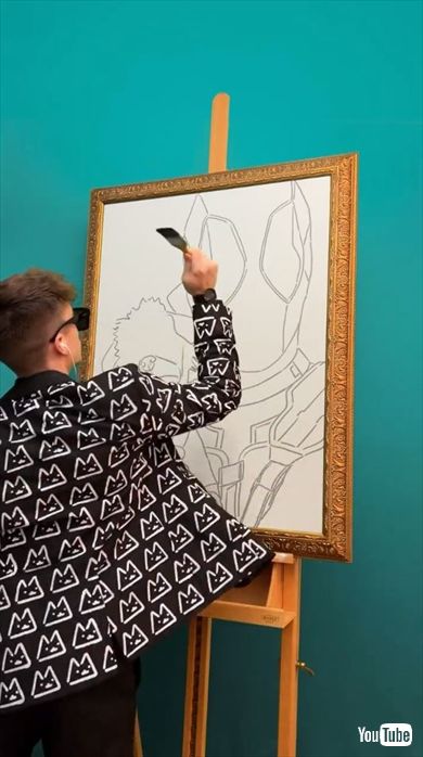 ドッグプールを抱いたデッドプールの肖像画