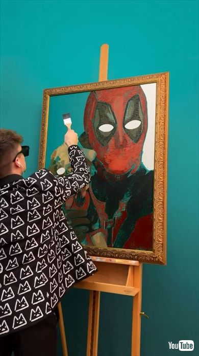 ドッグプールを抱いたデッドプールの肖像画