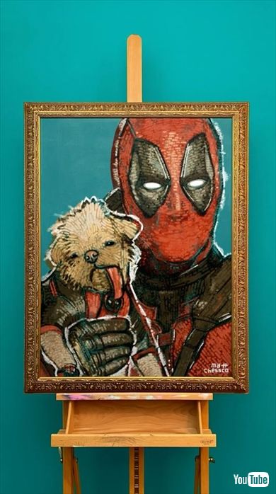 ドッグプールを抱いたデッドプールの肖像画