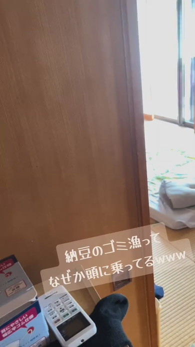 ゴミをあさっているワンコを見ようとしているところ