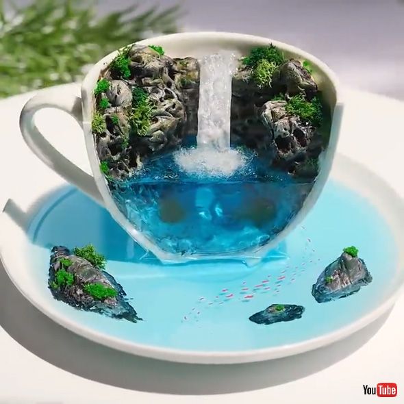 レジンアート コーヒーカップ 滝 ジオラマ リアル ハンドメイド メイキング